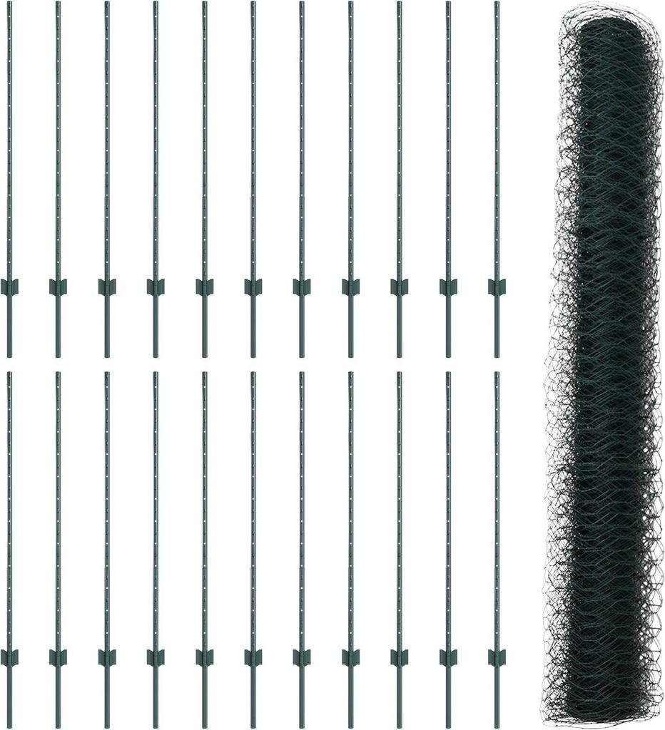 Möbel Zaunpfosten 11 Stück U-Kanal Grün 120 cm Stahl, Sechseckzaun Grün 1,2x50 m Stahl - Zaunzubehör 3336759