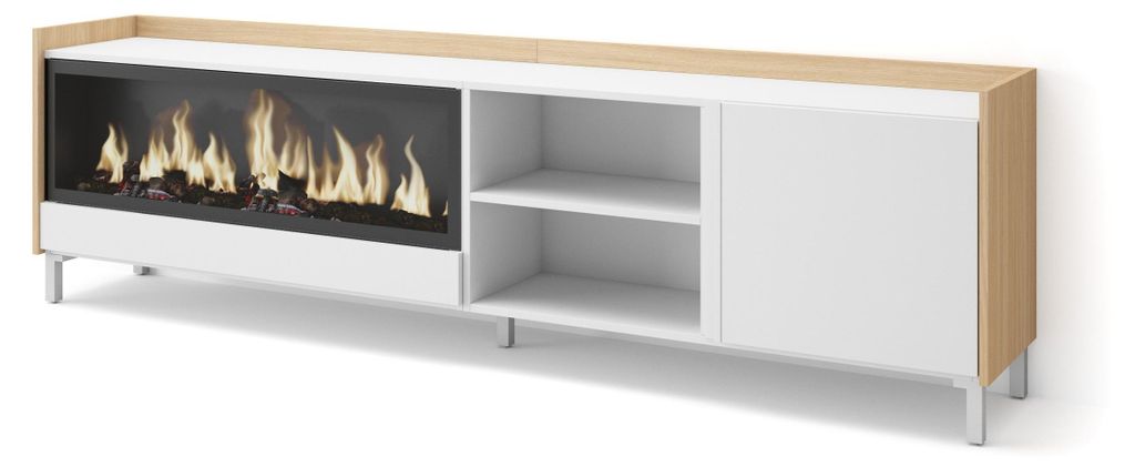 TV-Möbel Holzeffekt weiß und eiche 212x35x61cm Kamin mit Feuereffekt