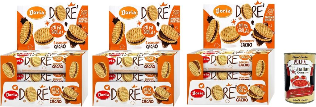 Doria Dore' Biscotti Frollini con Ripieno al Cacao, Mürbeteig Kekse mit Kakaofüllung, Multipack 3x BOX 20x 75g + Italian Gourmet polpa 400g