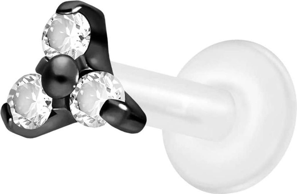 Ohrpiercing, Nasenpiercing PTFE Labret mit Innengewinde + Titan-Aufsatz KRISTALLBLUME Schwarz Stablänge: 10mm | Stabstärke: 1,2mm | Designgröße...