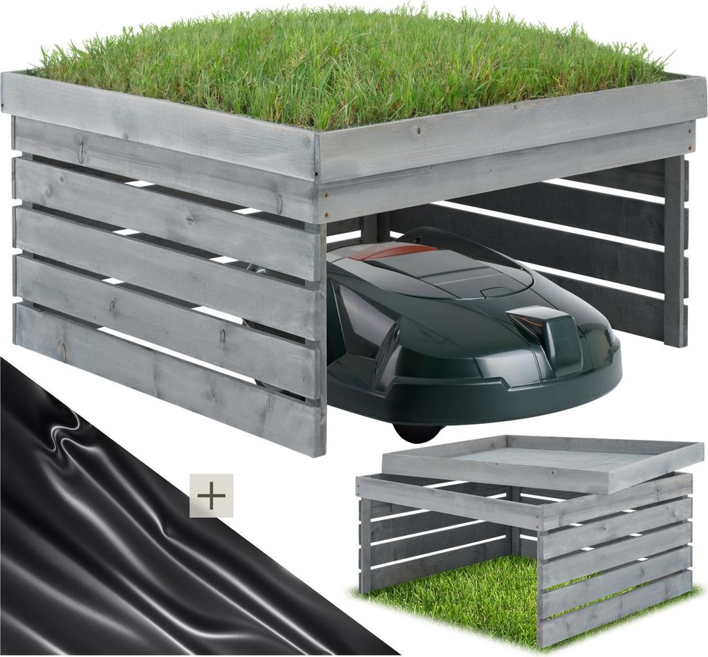 A collage of images showing a wooden garage for a robotic lawnmower, with a robotic lawnmower inside one of the images, and a separate image of a black sheet.