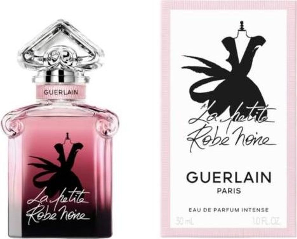 A bottle of Guerlain La Petite Robe Noire Intense Eau de Parfum and its packaging are displayed side-by-side against a white background.