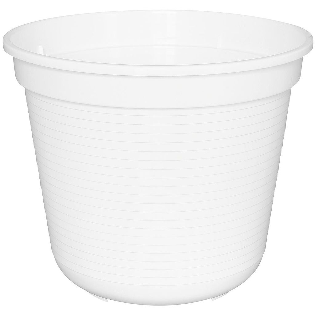 A white plastic plant pot with horizontal ridges.