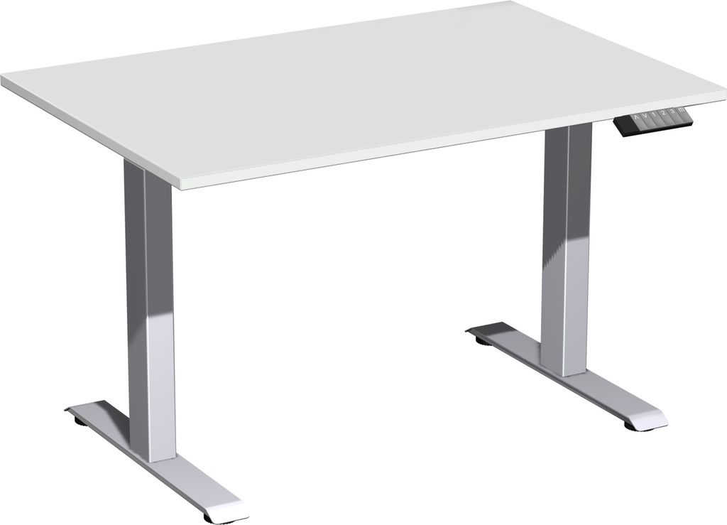 Schreibtisch, elektr. höhenverstellbar, BxTxH 1200x800x630-1280 mm, Melamin-Platte 25 mm, lichtgrau/silber