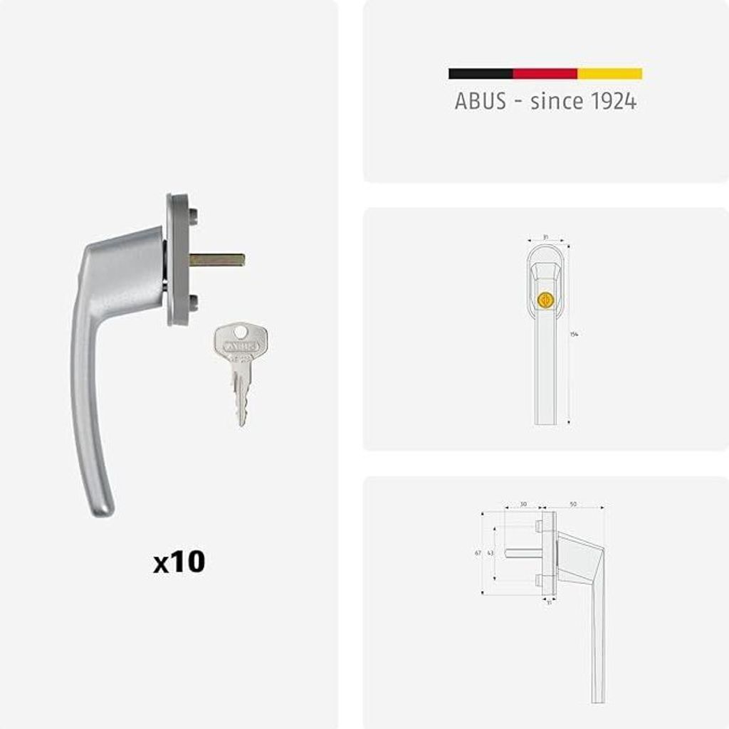 ABUS afsluitbare raamgreep FG200 AB208 - set van 5 - raamknop met drukcilinder, gelijksluitend - ABUS veiligheidsniveau 3-84581 - wit