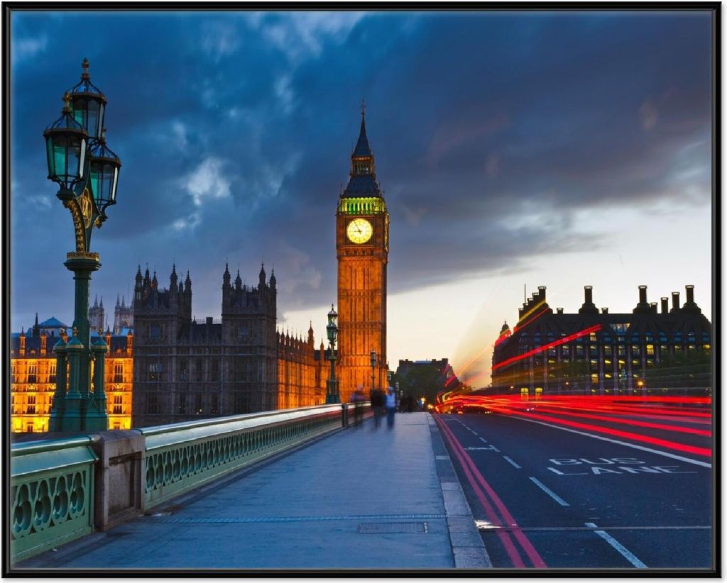 Wallario Wandbild London- Big Ben bei Nacht, Größe: 40,30 x 50,30 cm, Poster mit schwarzem Aluminiumrahmen