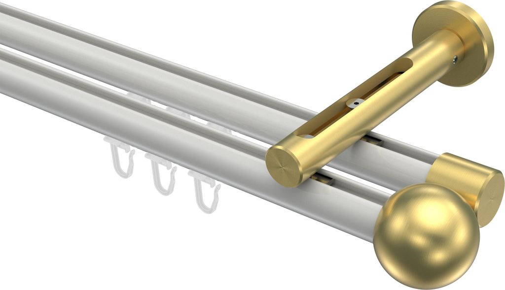 Interdeco Innenlaufstange / Gardinenstange mit Innenlauf Weiß / Messing-Optik, Typ Siteno Luino (Kugel), 20 mm Ø 2-läufig, 280 cm