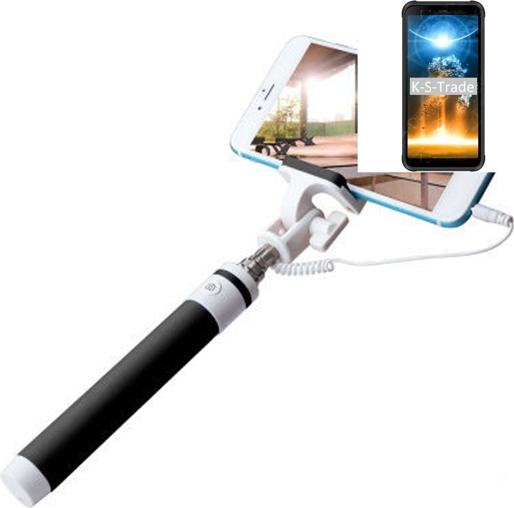 K-S-Trade Selfie Stick kompatibel mit Blackview BV6300 Pro Selfiestick kabelgebunden Monopod mit Kabel Stab Stange Selfportrait Handheldstick schwarz