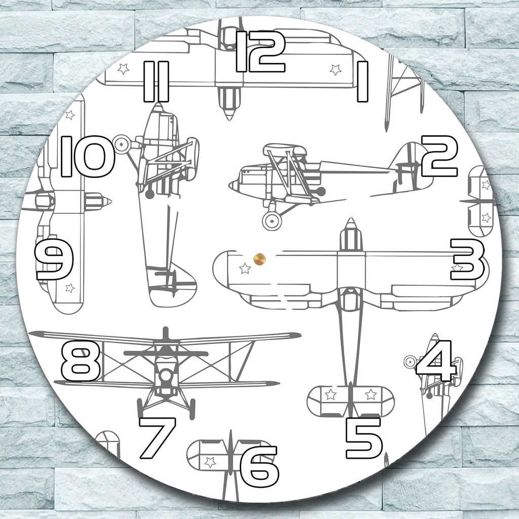 Wanduhr aus Glas Rund fi 30 Flugzeuge weiß Quarz Deko Produktbild 