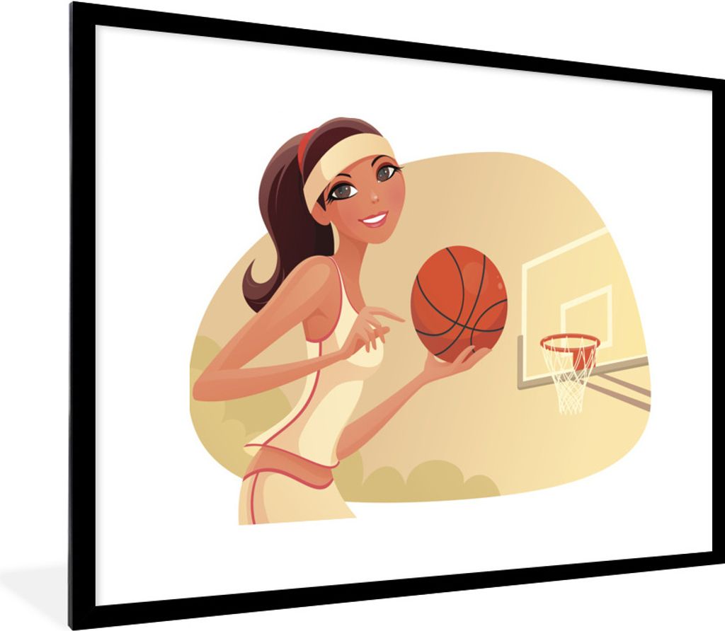 MuchoWow Gerahmtes Poster Eine Illustration eines weiblichen Basketballspielers 80x60 cm - Poster mit Schwarzem Bilderrahmen Wandposter Rahmen Fo...