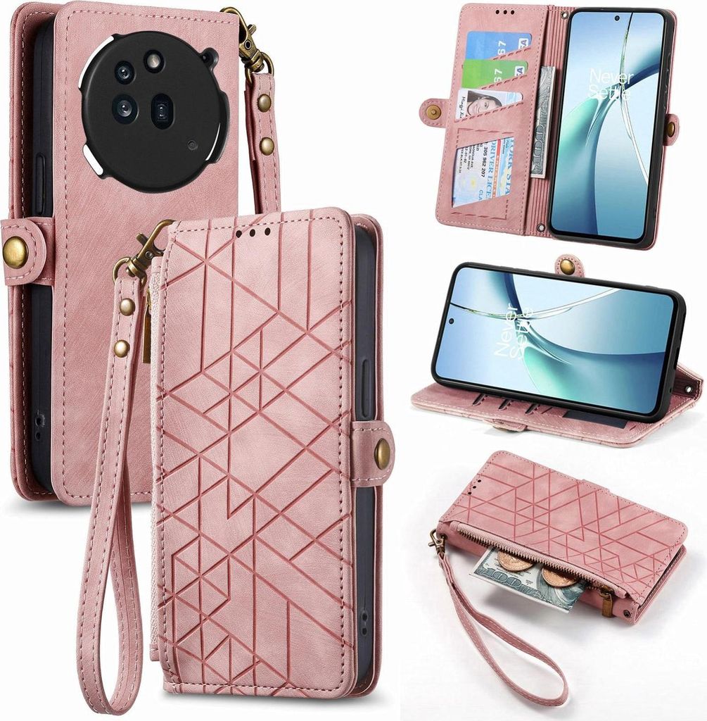 Für Nothing Phone 3a Pro Geometric Design Kunstleder Zipper Book Wallet Tasche mit Schlaufe Rosa