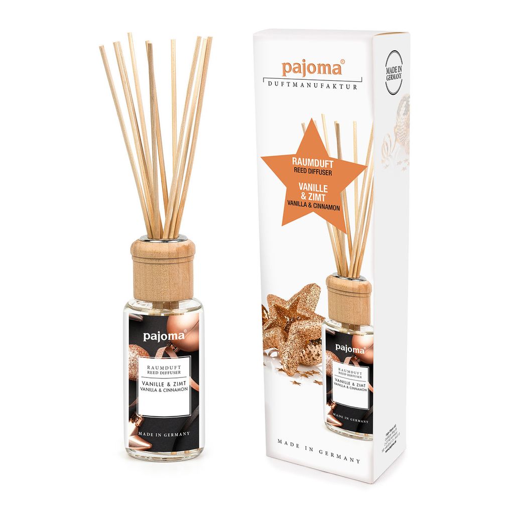 pajoma Raumduft 100 ml, Vanille & Zimt | inkl. Duftstäbe und Holzaufsatz in Geschenkverpackung