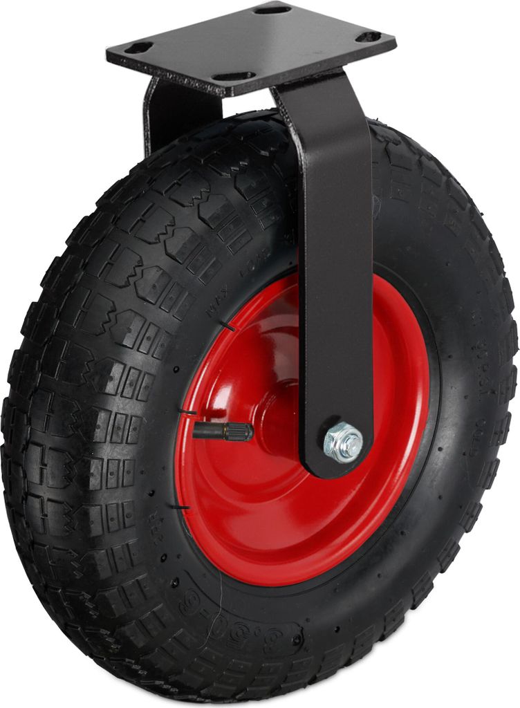 Relaxdays Bockrolle, 3.50-4, Traglast 120 kg, Gummi, Stahlplatte, luftbereift, Schwerlastrad, Gummirolle, schwarz/rot