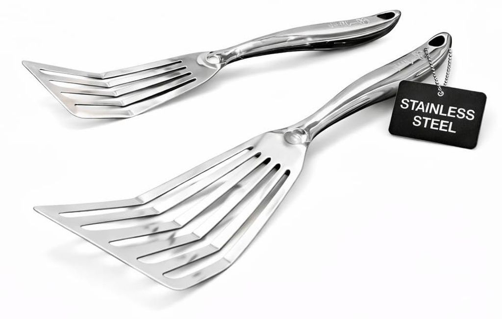 Edelstahl-Fischwender-Set (2-teilig), geschlitzter Metallwender mit ergonomischem Griff, spiegelglatt poliert, ideal für Fisch, Eier und empfindli...