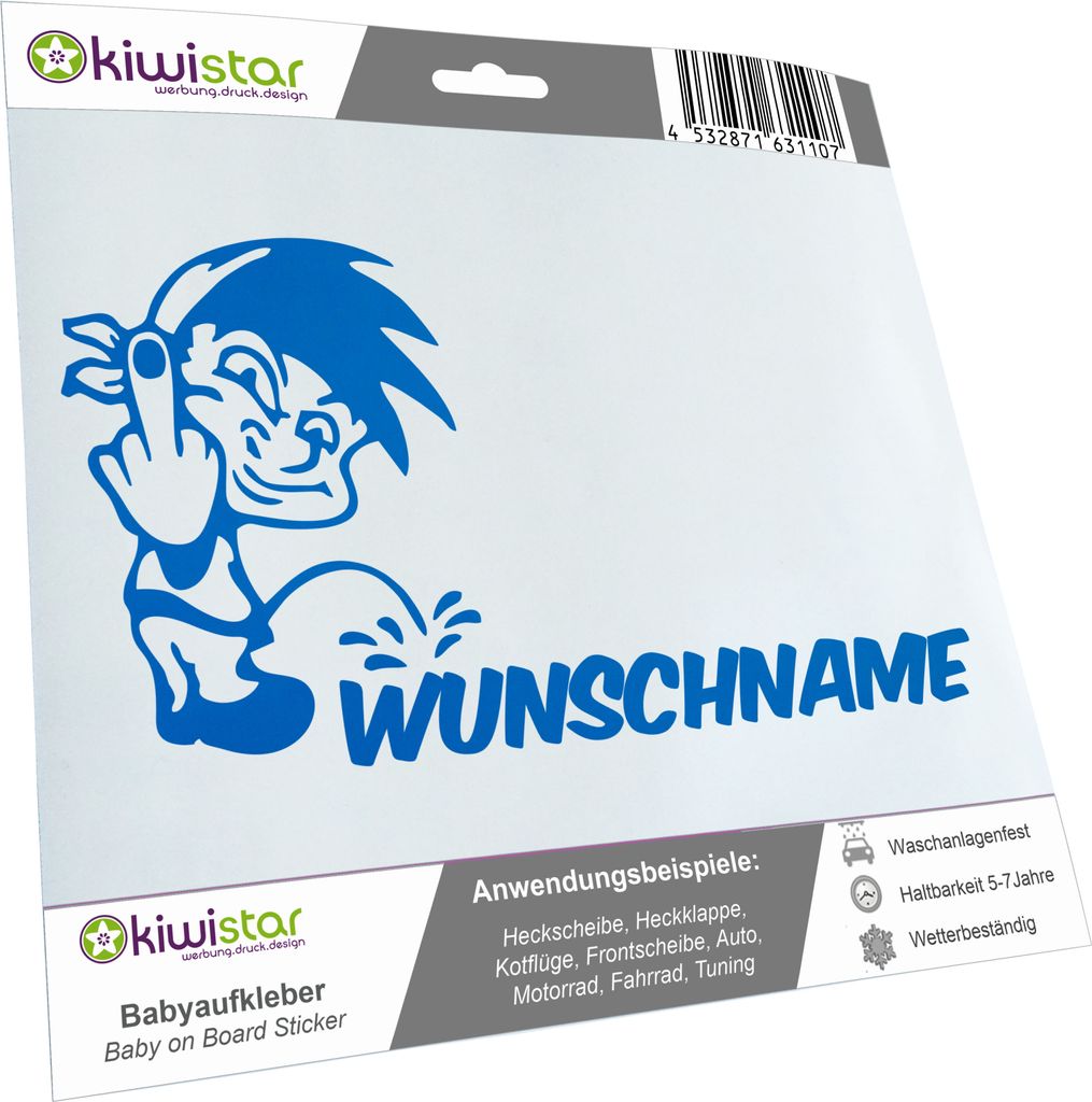 Kiwistar - Autoaufkleber - Piss on Wunschname - Junge mit Tuch & Finger - 30 cm - blau - Pissmännchen - Aufkleber für Auto, Laptop, Fahrrad, LKW,...