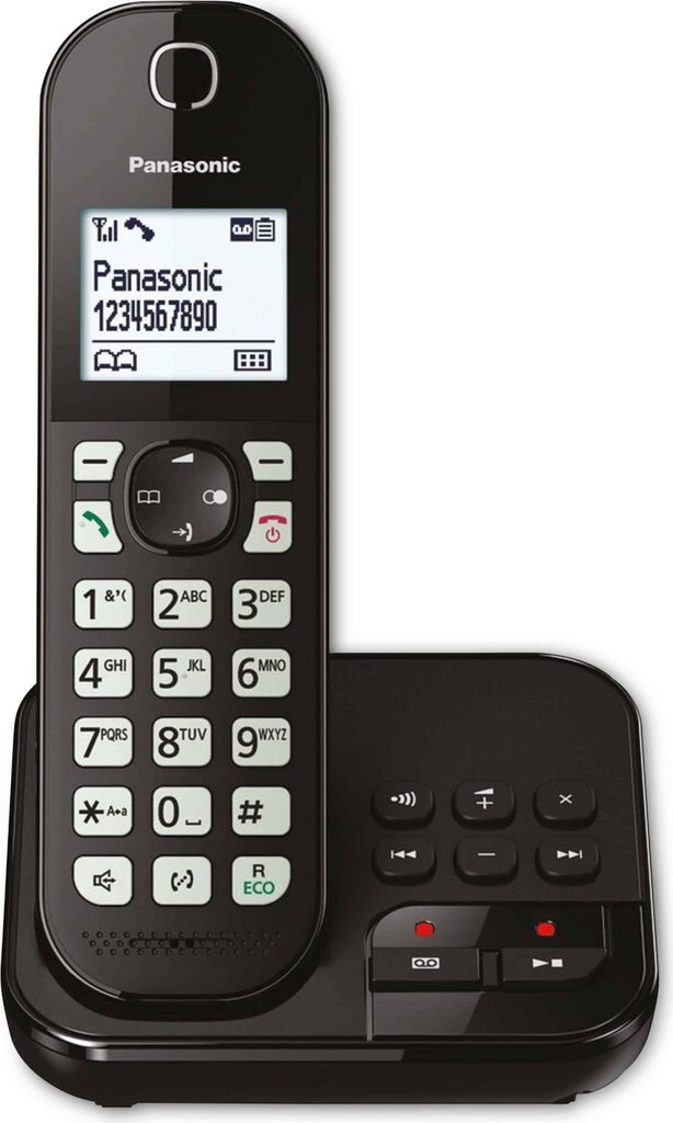 A black cordless Panasonic telephone and its charging base are shown against a white background.