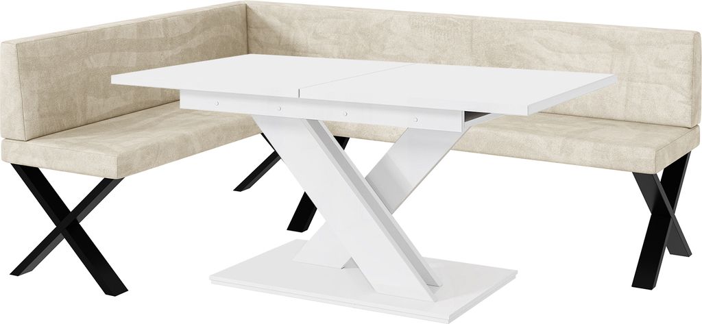 MEBLINI Eckbank für Esszimmer mit ausziehbarem Tisch - Küchenbank - Essecke - Sitzecke Küche - TONI - X-Beine 142x196x87cm Links - Creme Samt/B ...