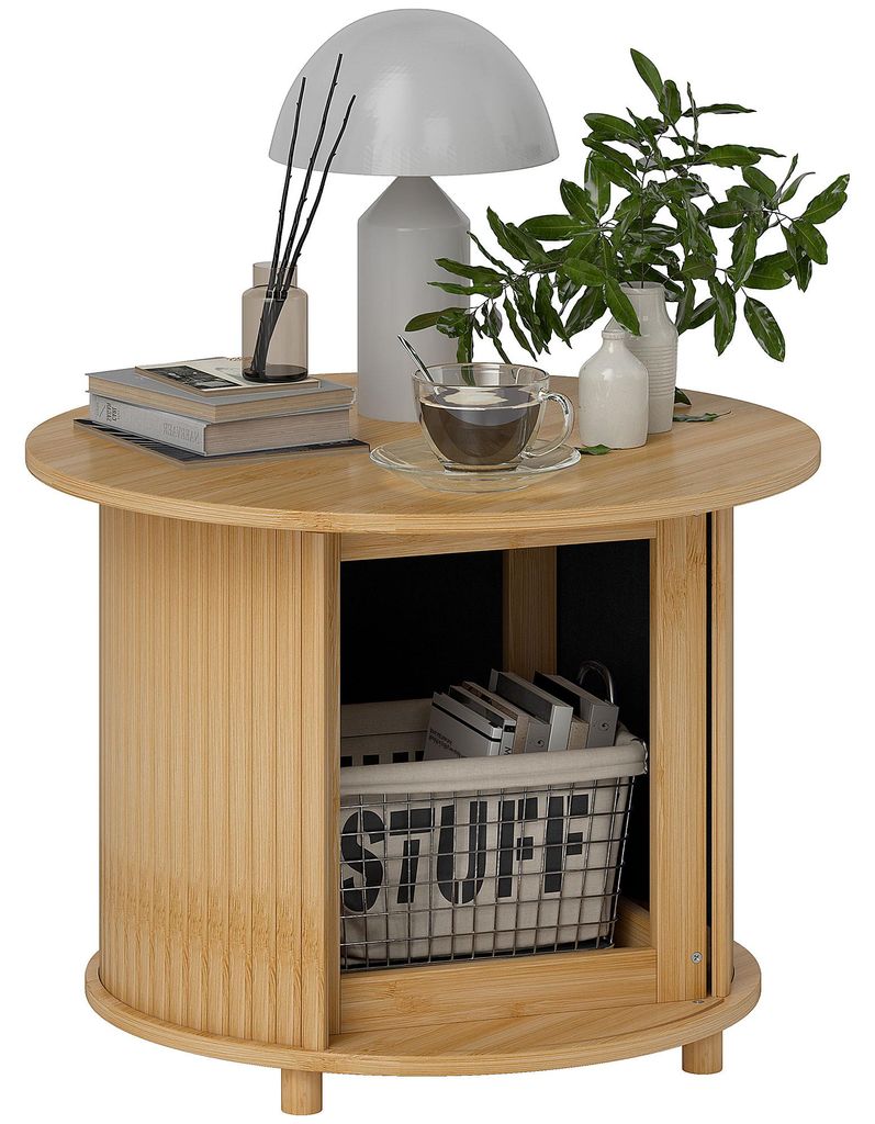 SUGIFT Runder Beistelltisch aus Bambus mit Stauraum & Schiebetür - Couchtisch Natur Ø 60 cm - Moderner Kaffeetisch für Wohnzimmer & Schlafzimmer
