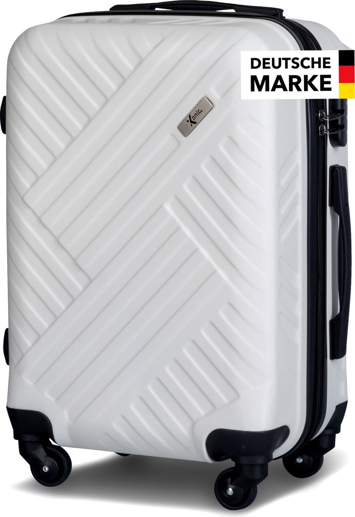 A white suitcase with a textured surface and black wheels and handle.