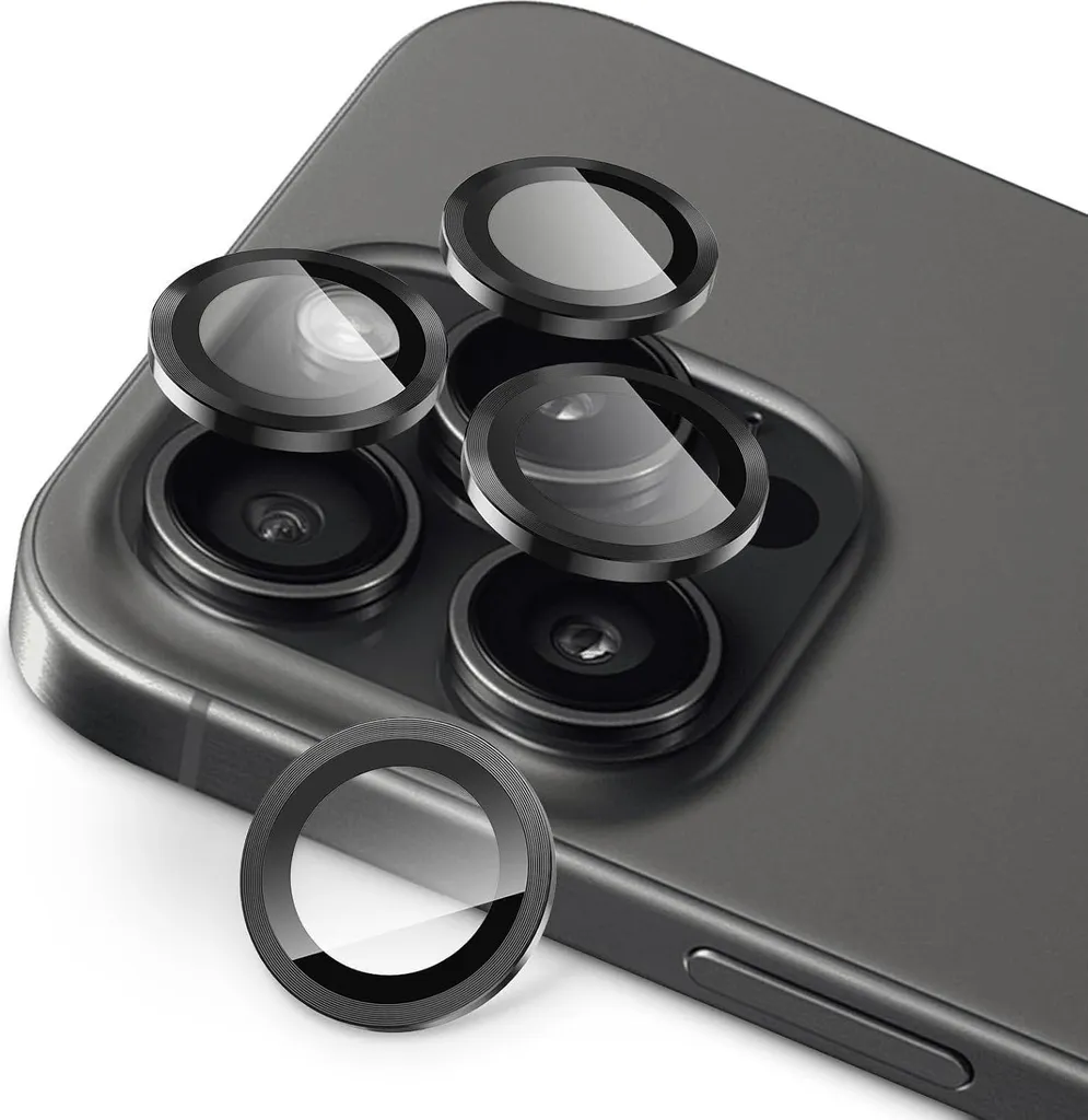 Vitre Caméra iPhone 15 Pro Anti-Rayures 9H Noir Titane Pack de 4 pcs