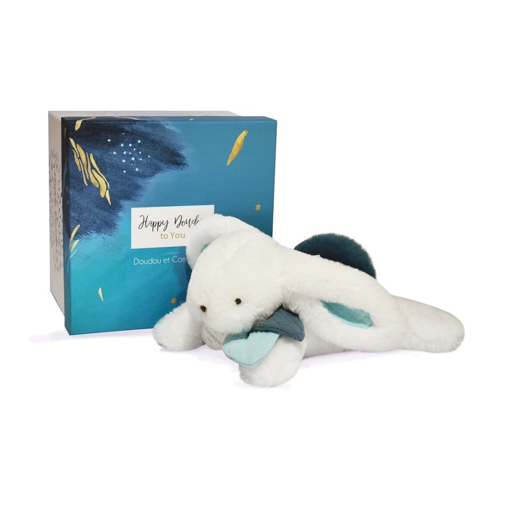 Doudou et Compagnie - Kaninchen Plüsch - 25 cm - Weiß / Pfauenblau Pompom Kaninchen - Hübsche Geschenkbox - Happy Pop - Happy Doudou To You