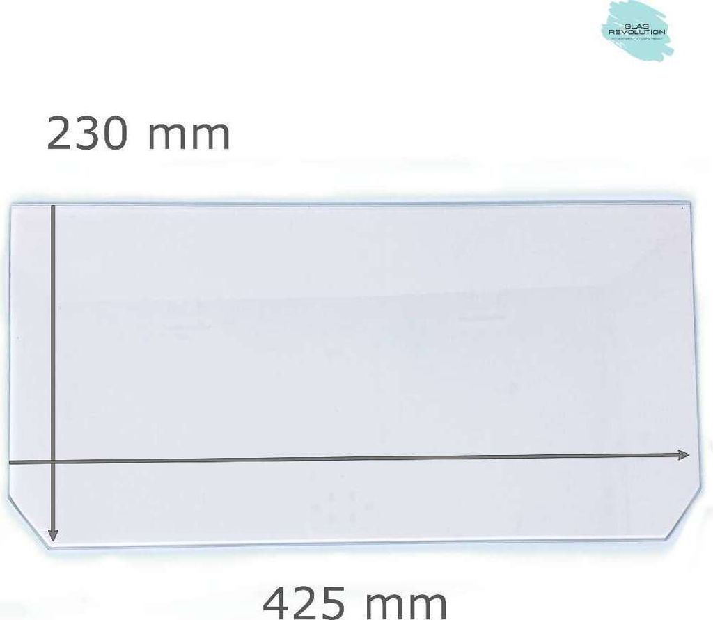 Kühlschrank Einlegeboden - Klarglas 4 mm - 2 abgeschrägte Ecken - 425 mm x 230 mm - (89,96 EUR / qm - Mindestbfl. 0,25 qm - Kantenb. 5,35 EUR / l...