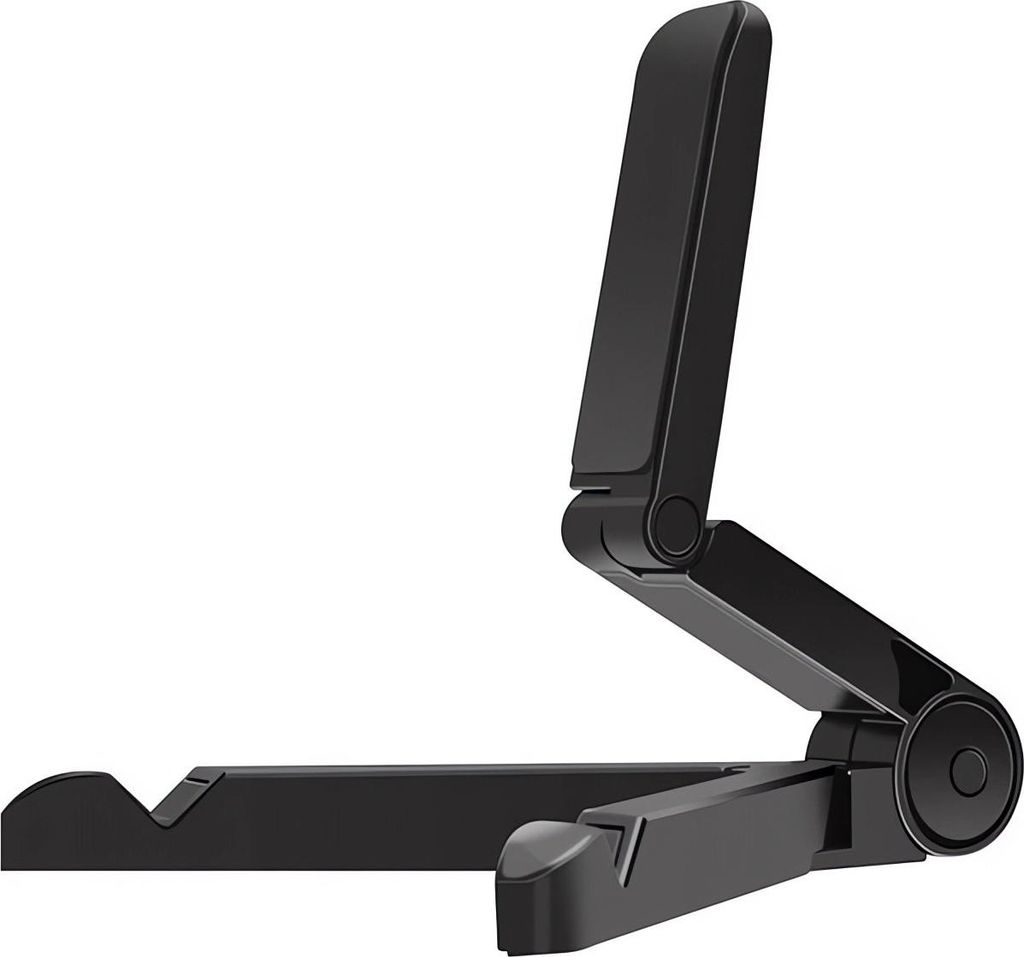 A black, foldable stand for a phone or tablet is shown against a white background.