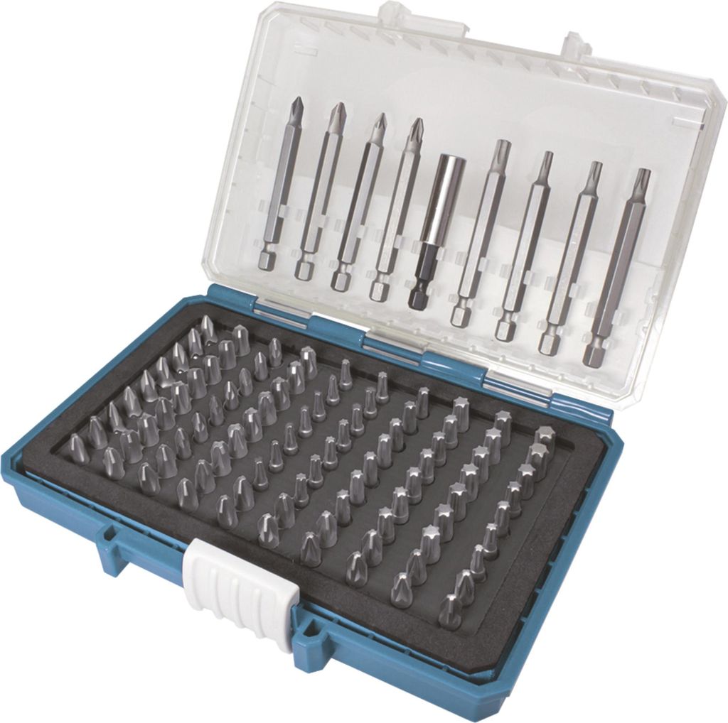 A set of drill bits in a blue and clear plastic case.