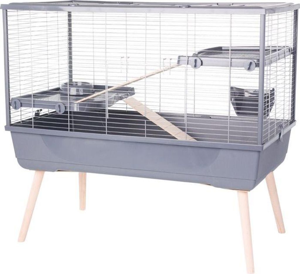 Kleiner Tierkäfig für Kaninchen und Nagetiere Zolux NeoLife, 99 x 54 x 92 cm, 2 Etagen, Grau, mit Holzleiter, Metallgitter, 15 mm Gitterabstand