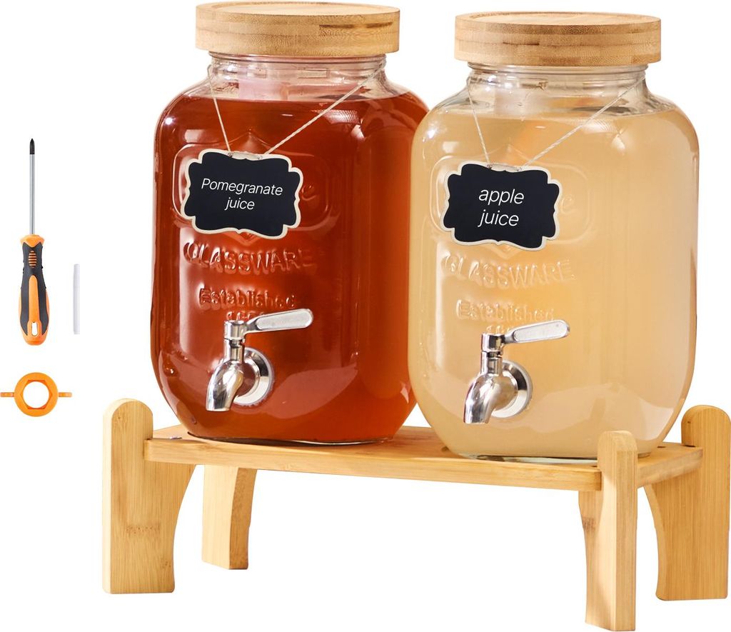 VEVOR Getränkespender (2 x 3,8 L) für Partys Saftspender (aus Glas) mit tropfsicherem Zapfhahn & Holzständer Wasserspender für Restaurants Part...