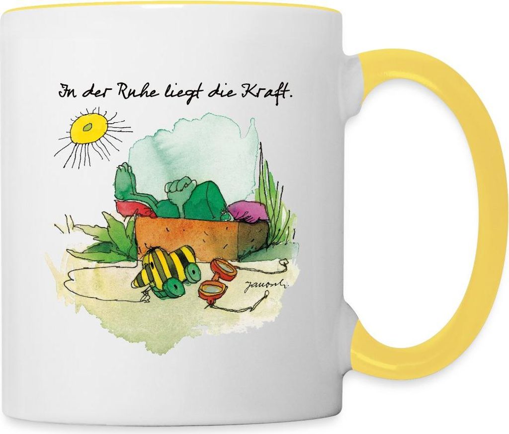 Spreadshirt Janosch Günter Kastenfrosch Tigerente Tasse Zweifarbig, One size, Weiß/Gelb