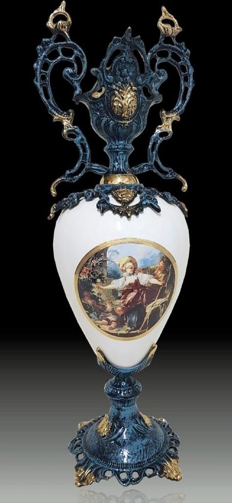 Casa Padrino Luxus Barock Vase Blau / Weiß / Mehrfarbig / Gold 21 x H. 62 cm - Handgefertigte Barockstil Blumenvase - Barock Deko Accessoires - Ed...