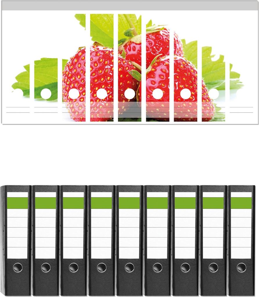 Wallario 9 Stück breite Ordner inkl. Klebeetiketten mit Motive Frische rote Erdbeeren für die Küche - Set mit Rückenschildern / Ordnerrücken ...