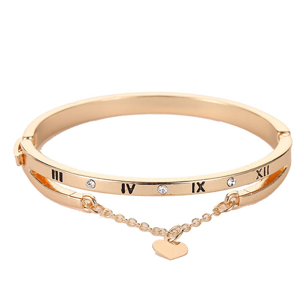 Mode Frauen Römische Ziffern Sehnte Herz Anhänger Kette Armband Charme Armreif-Golden