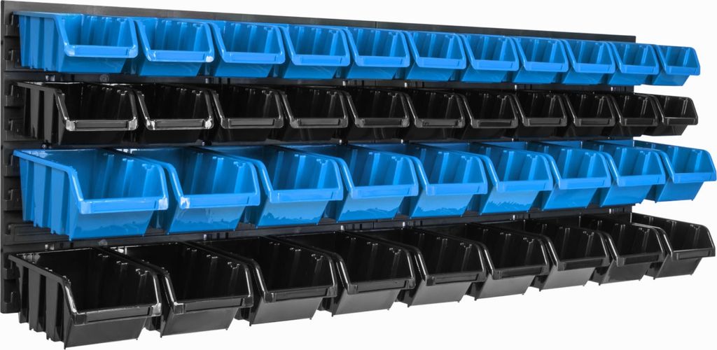 A wall-mounted storage system with multiple blue and black bins.