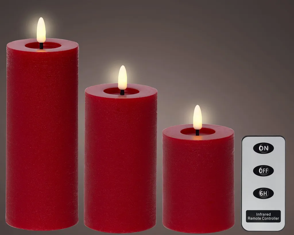 Bougie LED Rouge en Cire sans Risque d'Incendie - Pack de 3 de 19 cm