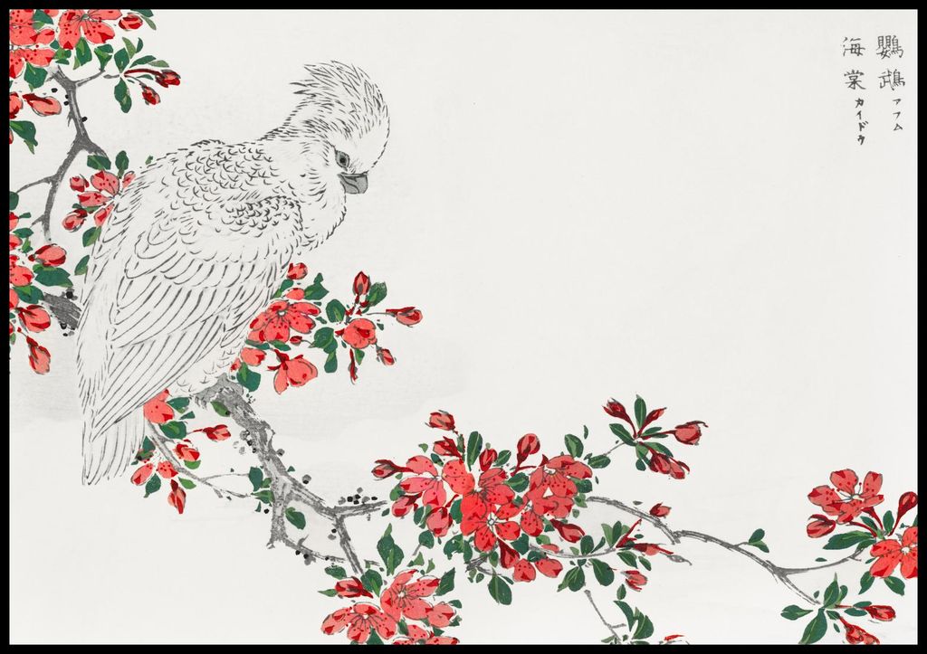 Plakat 100x70cm Papagei und Pyrus, Japanischer Kashu Vintage für das Wohnzimmer