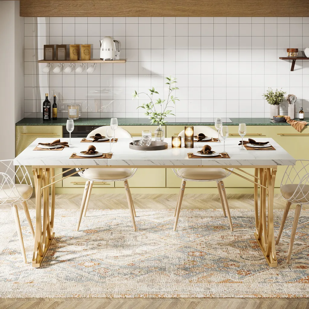 Table salon rectangulaire blanche et or 160 x 80 cm, design chic - 3