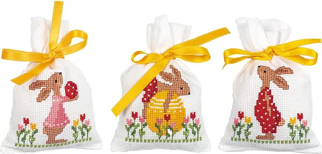 Set di 3 bustine di erbe a punto croce "Coniglietto di Pasqua nel giardino dei tulipani" di Vervaco, schema per il conteggio, 8x12cm