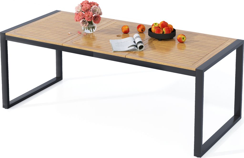 COSTWAY Gartentisch 200x90cm, rechteckiger Terrassentisch mit Schirmloch für 8 Personen, Balkontisch aus Akazienholz, Outdoor-Esstisch