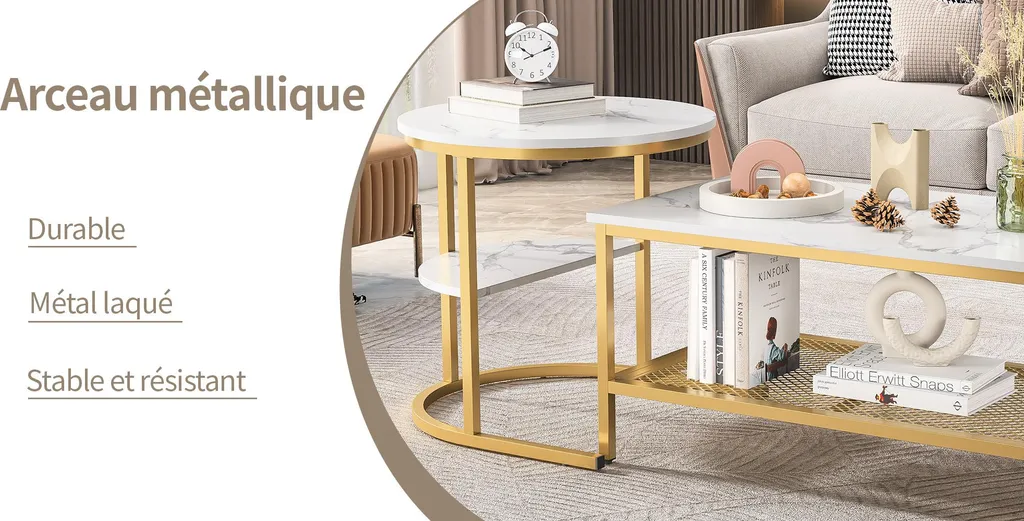 Tavolino Marmo Bianco e Oro - Design Moderno Elegante per Salotto - 9