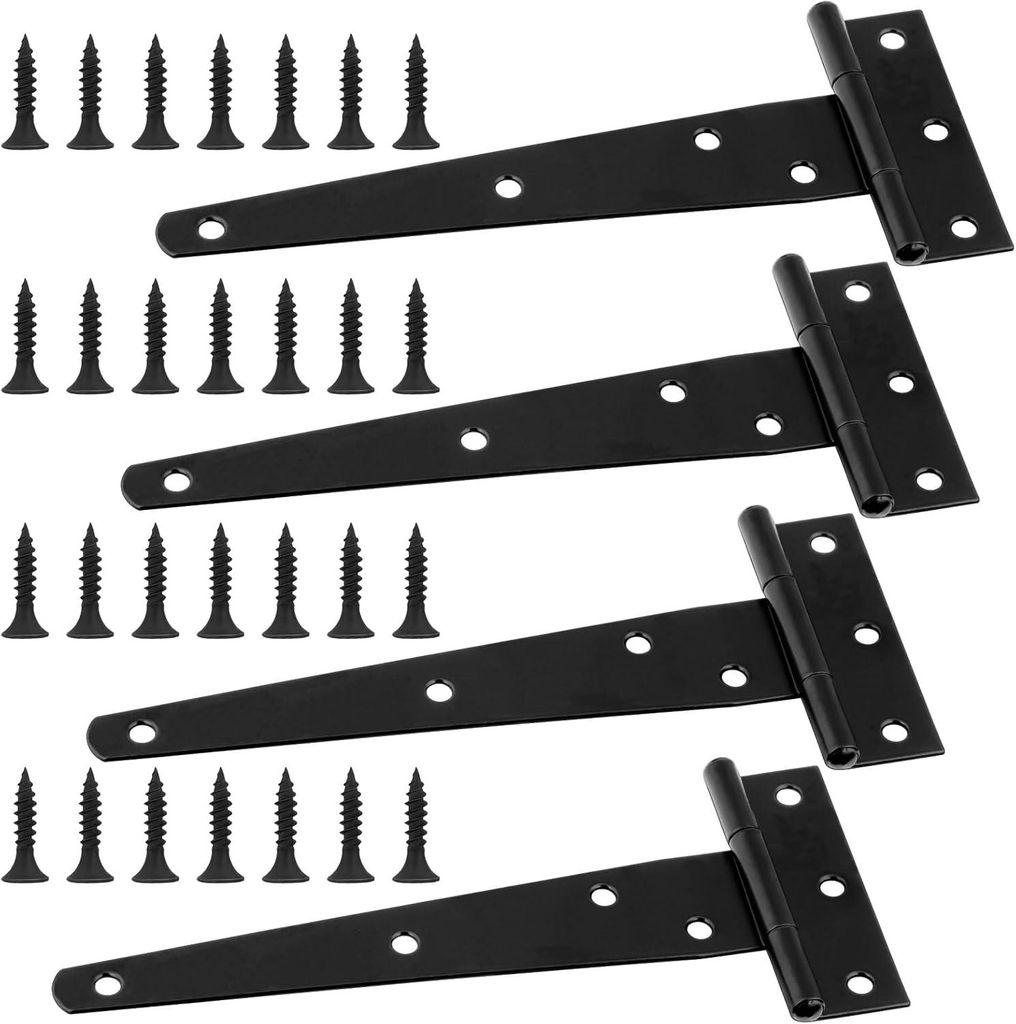 4-teiliges Set schwarzer T-Scharniere, 15 cm lange Metall-Türscharniere mit 28 Schrauben, Edelstahl-Klappscharniere für Schuppentüren, Gartentor...