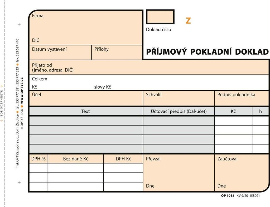 Tiskopis Příjmový pokladní doklad Optys, A6, samopropisovací, číslovaný, 2x50 listů