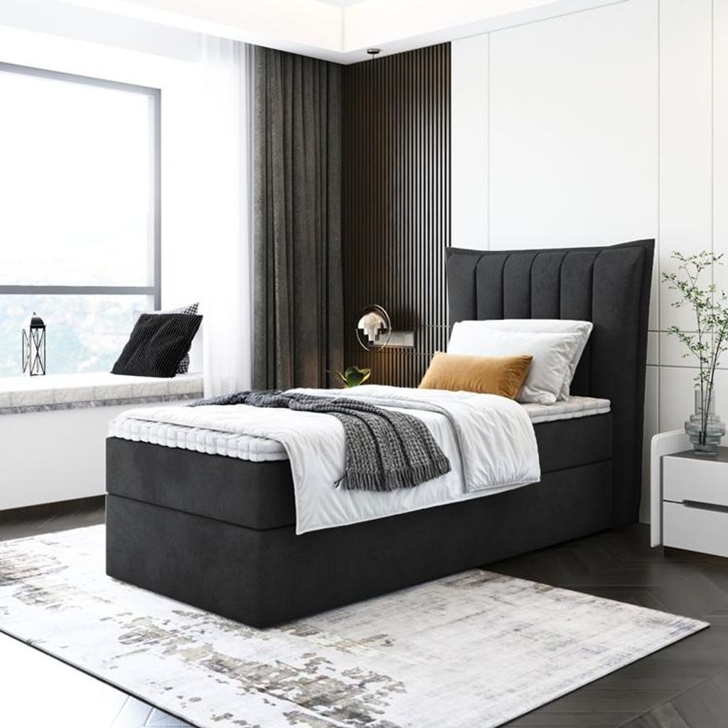 Kinderbett, Boxspringbett LUMORA MINI mit T25 Topper, Einzelbett, Stauraum, Schlafzimmer, Polsterbett, 100x200 cm. (Schwarz - Itaka 15)