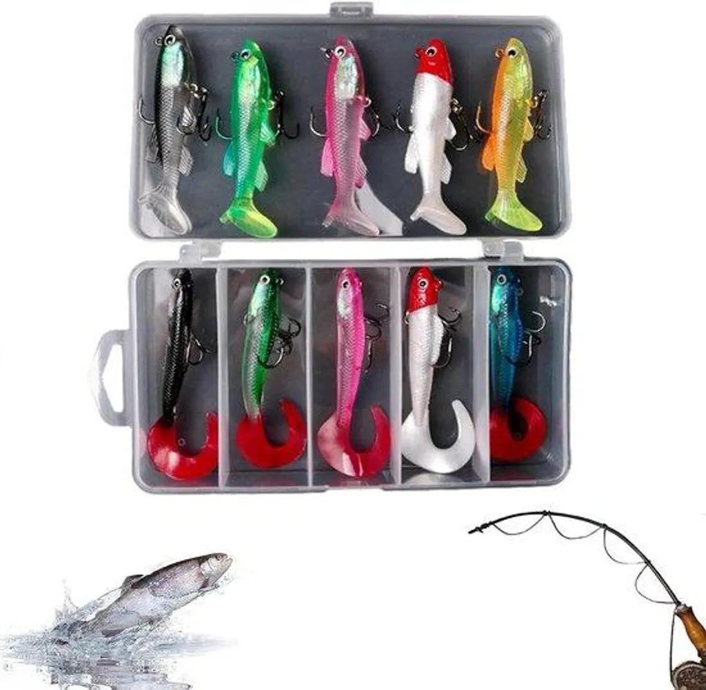 Trousse de pêche 10 pièces : leurres souples spécial eau douce