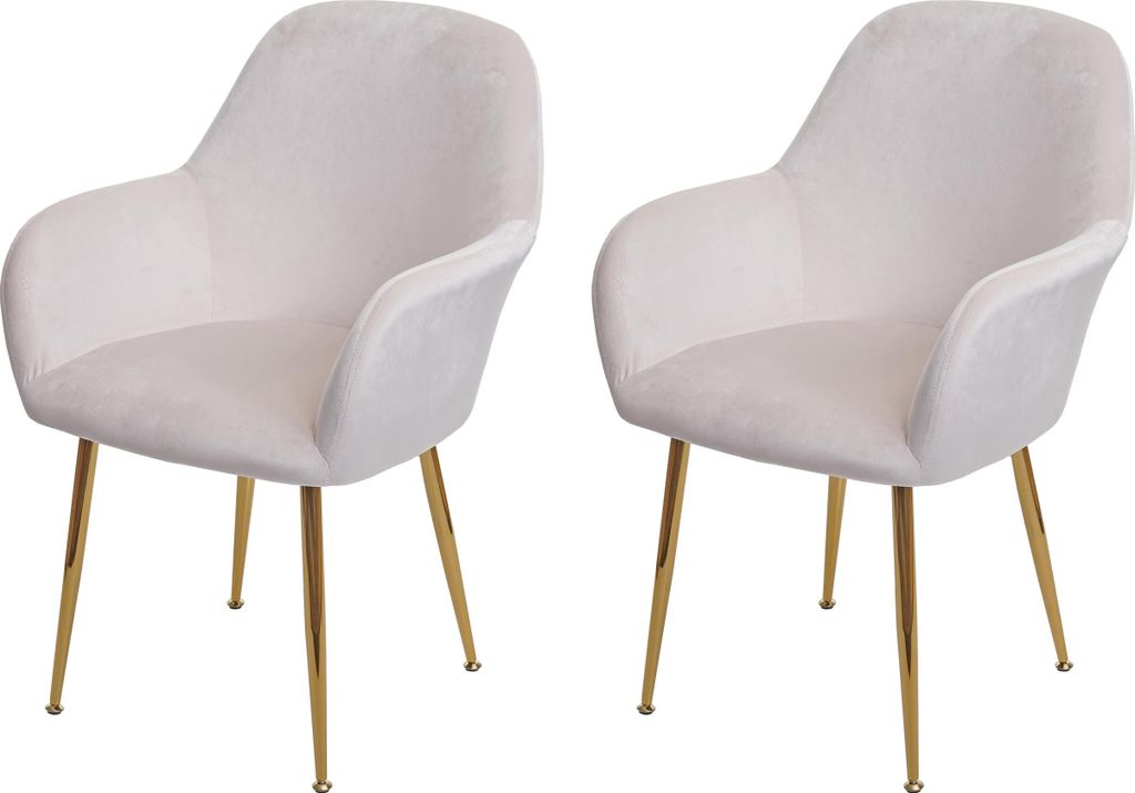 2er-Set Esszimmerstuhl HWC-F18, Stuhl Küchenstuhl, Retro Design Samt creme-weiß, goldene Beine