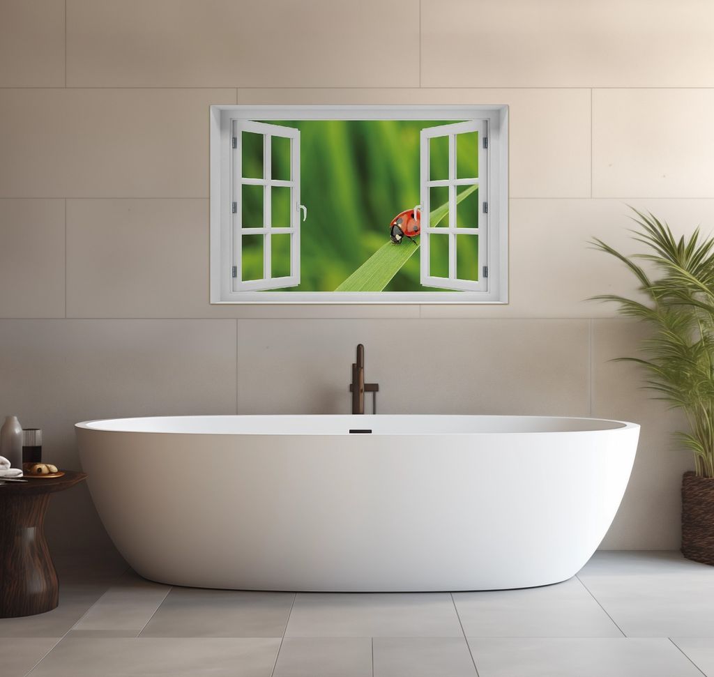 Wallario wasserfestes Poster selbstklebend 91,50 x 61 cm, Marienkäfer auf grünem Blatt, Badezimmerposter Spritzschutz mit Hochglanzoberfläche in...