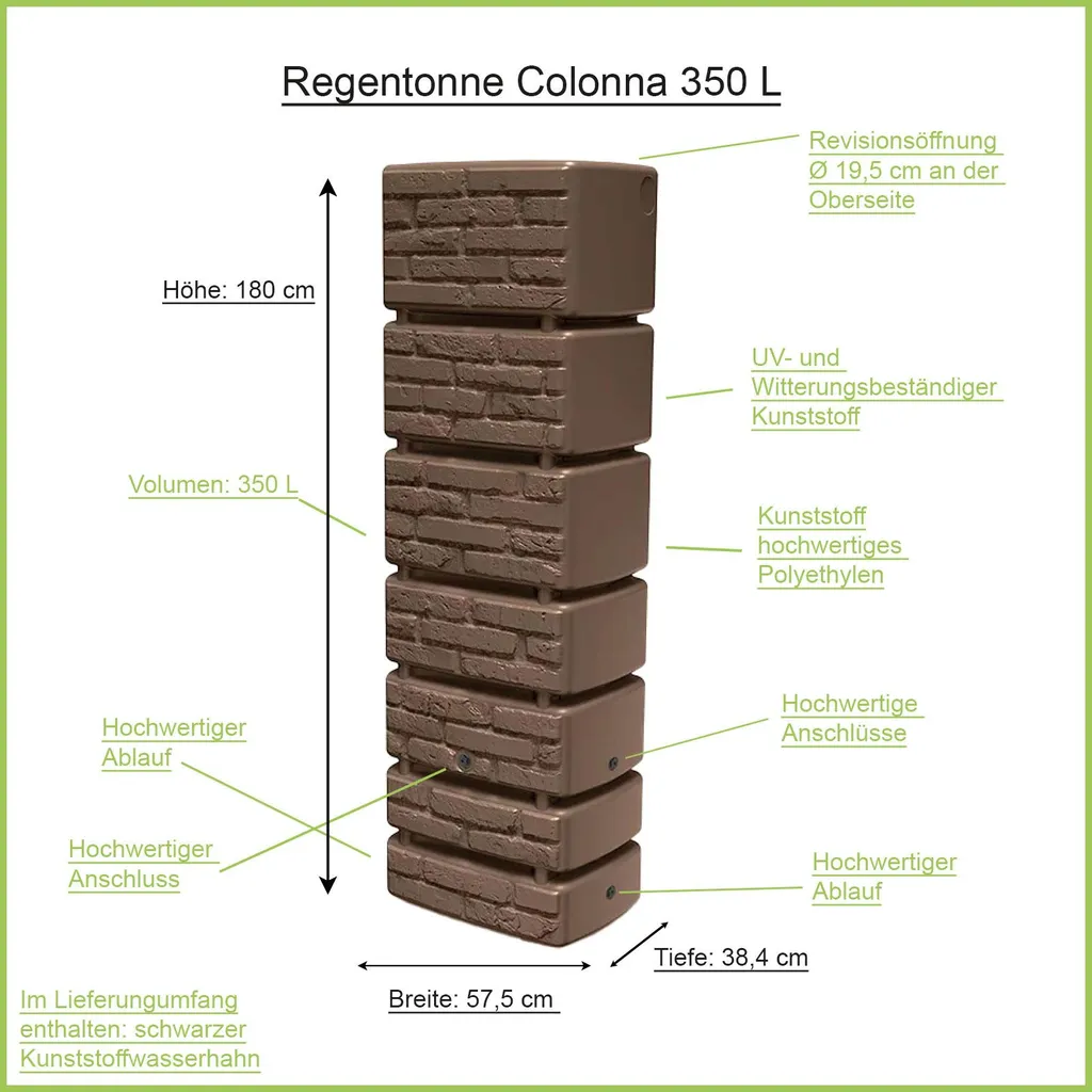 Récupérateur d'eau de pluie rectangulaire COLONNA 350 litres marron