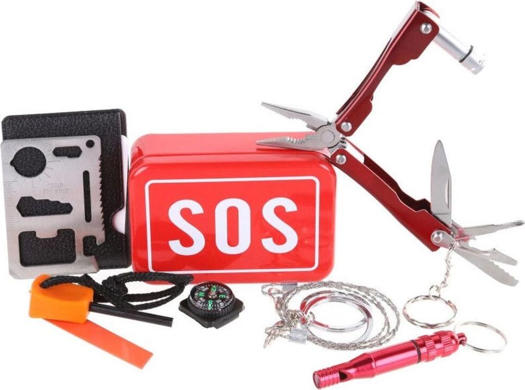 Survival Set 25-in-1 – Notfall Outdoor Multitool Kit mit Feuerstarter, Kompass, Drahtsäge, Taschenlampe und Etui ZS-21