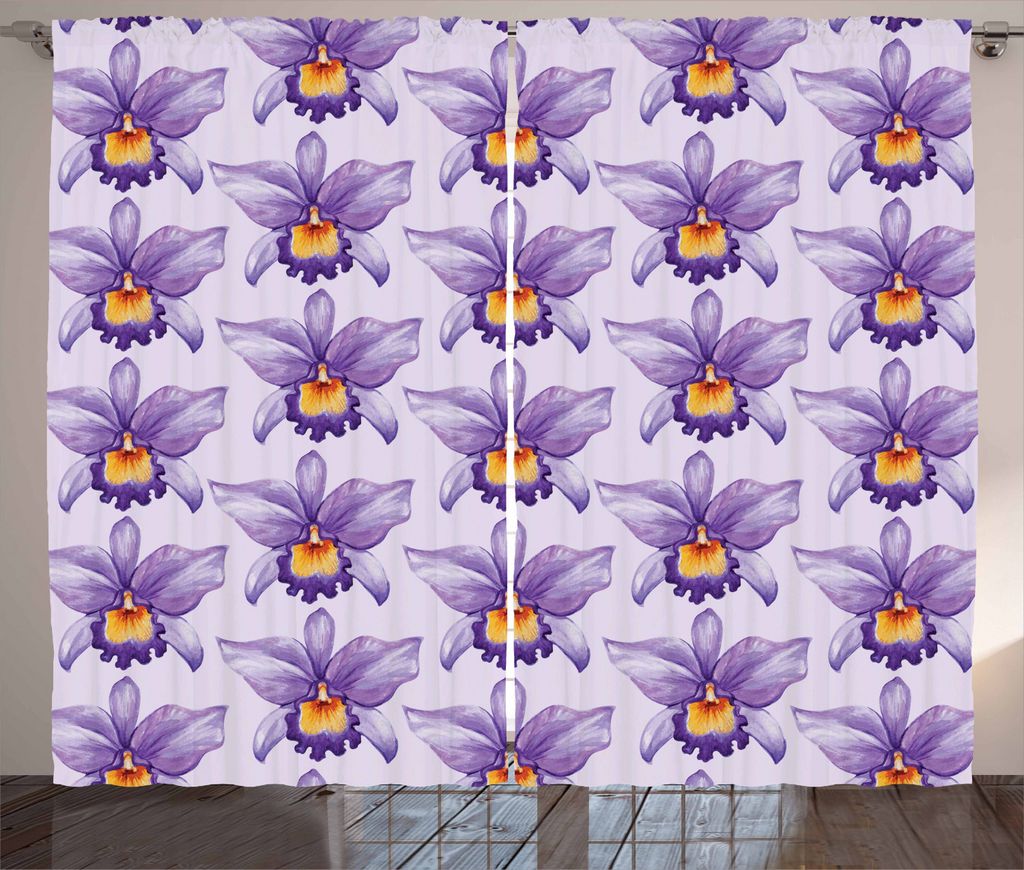 ABAKUHAUS Violett Rustikaler Gardine, Tropische Orchideenblüten, Schlafzimmer Kräuselband Vorhang mit Schlaufen und Haken, 280 x 225 cm, Blasses ...